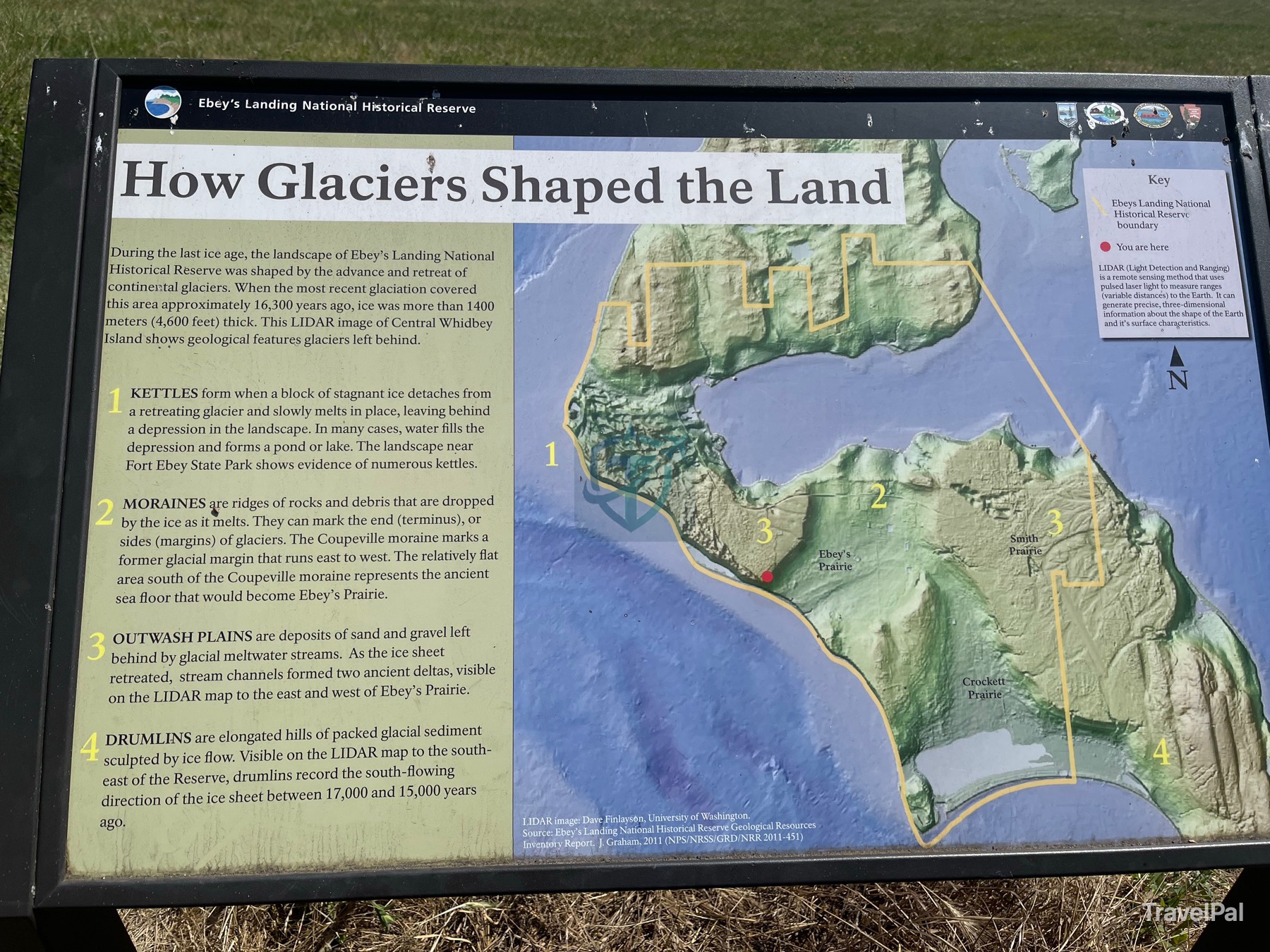 Interpretive panel showing the glacial landforms of Ebey’s Landing National Historical Reserve