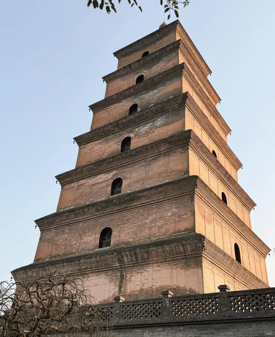 Seven-story Giant Wild Goose Pagoda illuminated by warm late-afternoon sunlight
