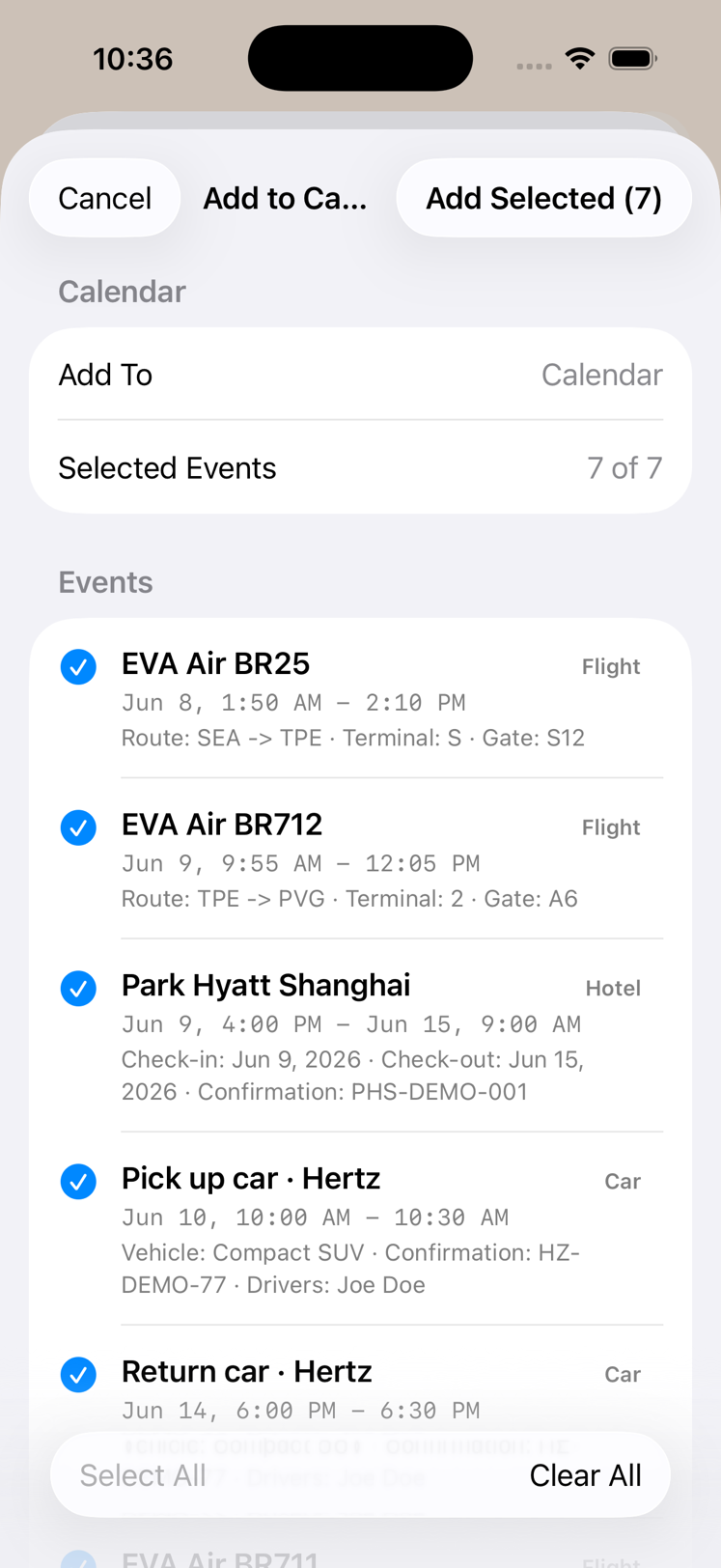 Add trip events to Calendar screen