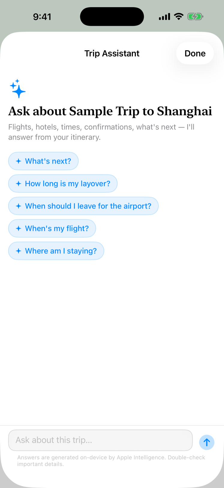 Trip Assistant screen with suggested questions such as When should I leave for the airport