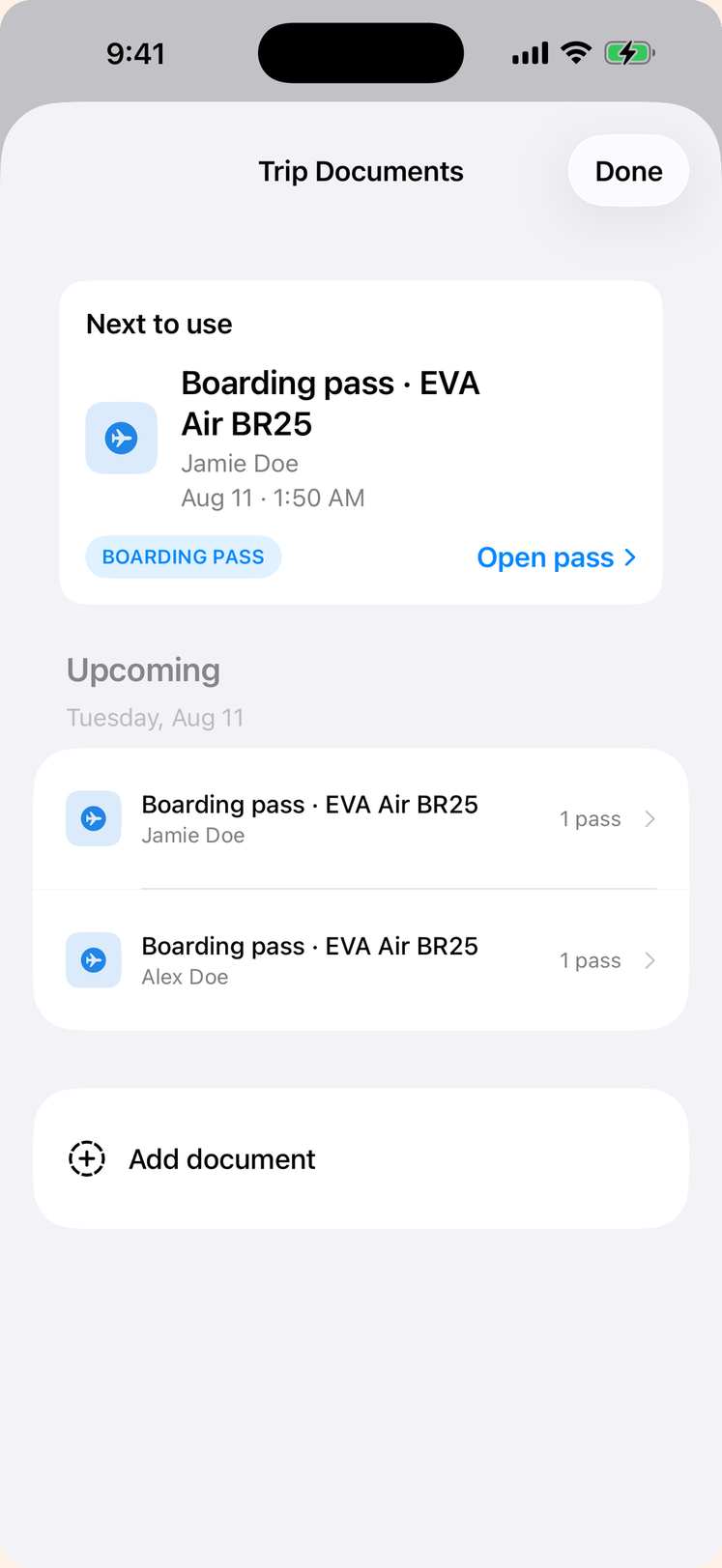 Trip Documents screen with the next boarding pass to use at the top and the day's passes listed per traveler