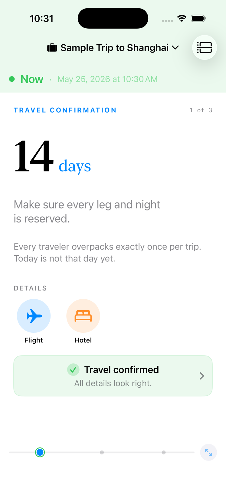 TravelOrbit home screen showing the current travel moment with a countdown