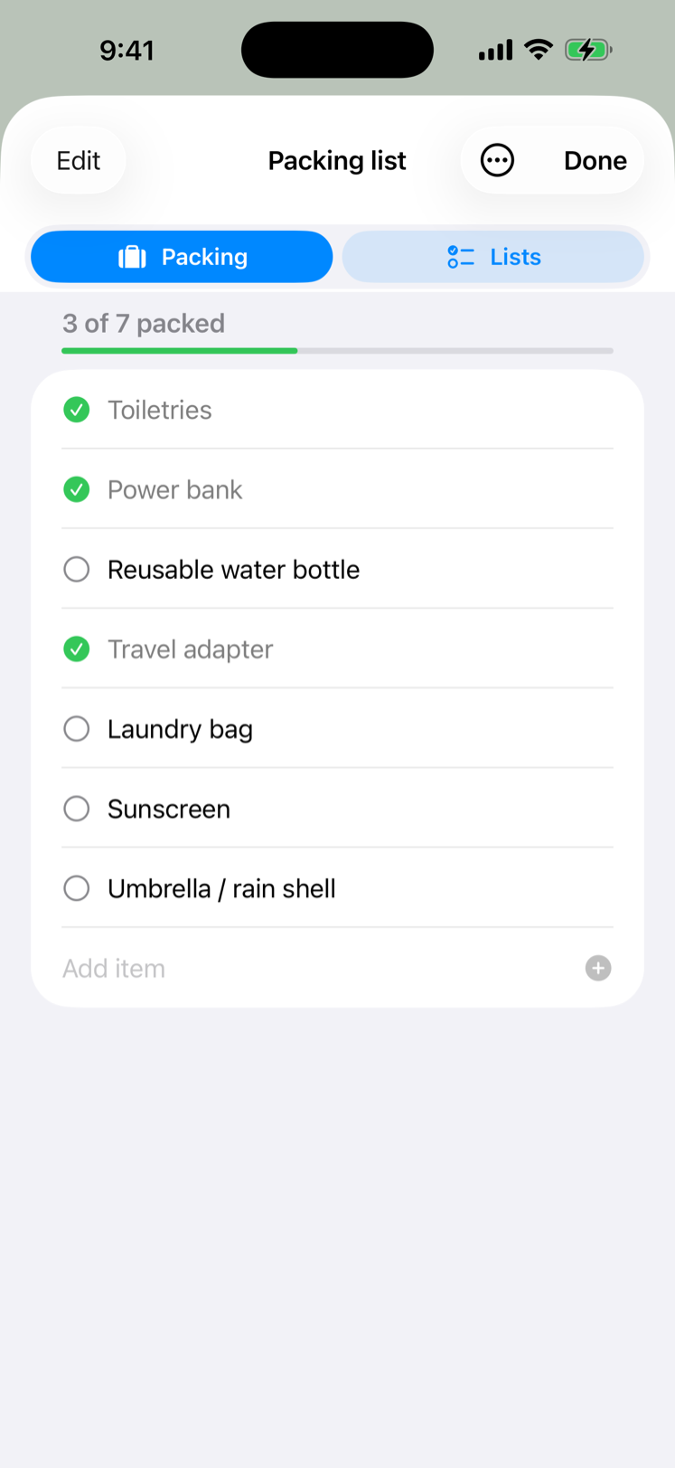 Packing list showing three of seven items packed, with a Packing and Lists switch
