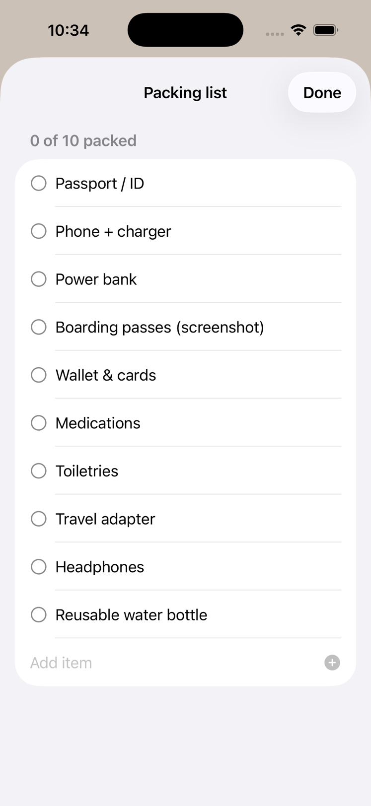 Packing list screen