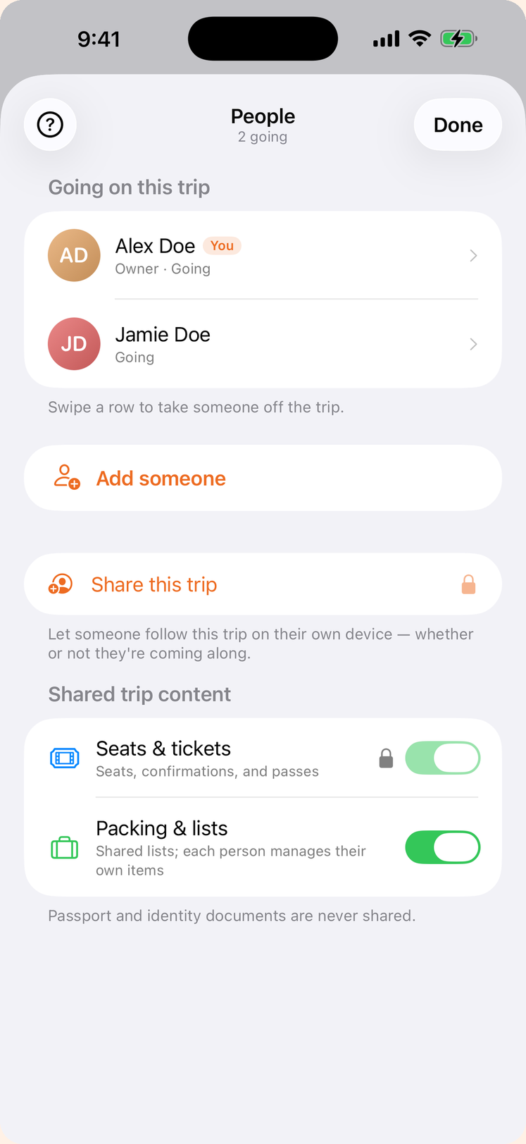 TravelOrbit People screen showing two travelers and controls for shared trip content
