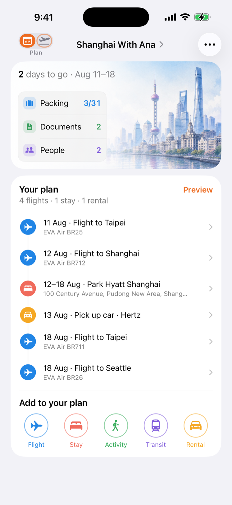 TravelOrbit Plan mode showing a trip cover, countdown, and itinerary grouped into a plan