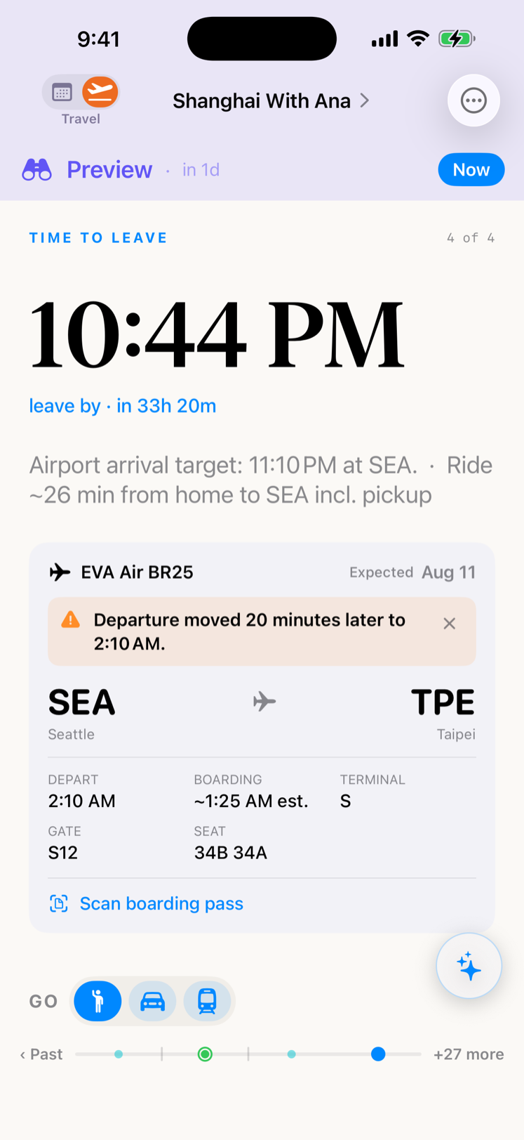 TravelOrbit Travel mode showing a leave-home time, flight details, gate, terminal, and delay notice