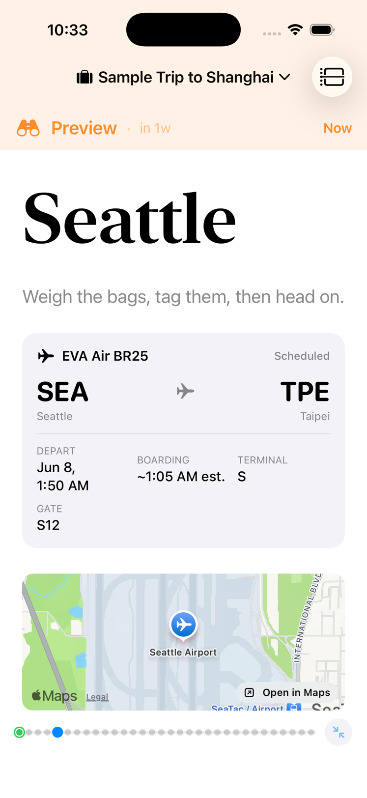 Travel-day screen with flight SEA to TPE, gate and airport map