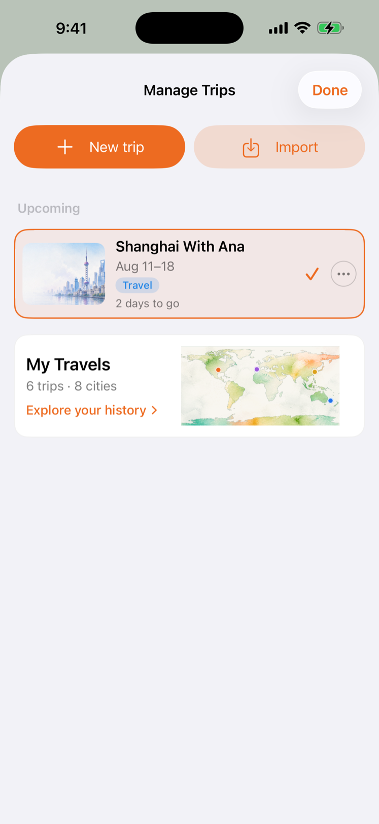 TravelOrbit Travel History screen showing illustrated trip cards and a world map with visited cities