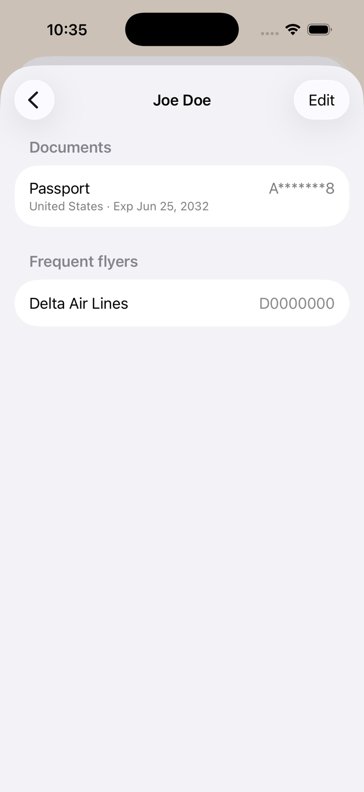 Traveler details screen