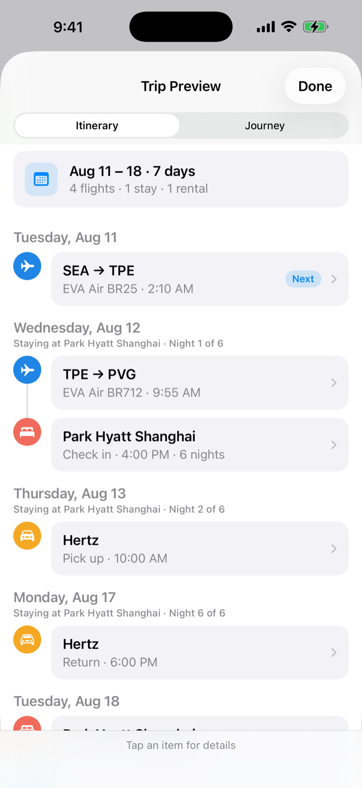 TravelOrbit Trip Overview showing an itinerary with an Itinerary and Journey switch