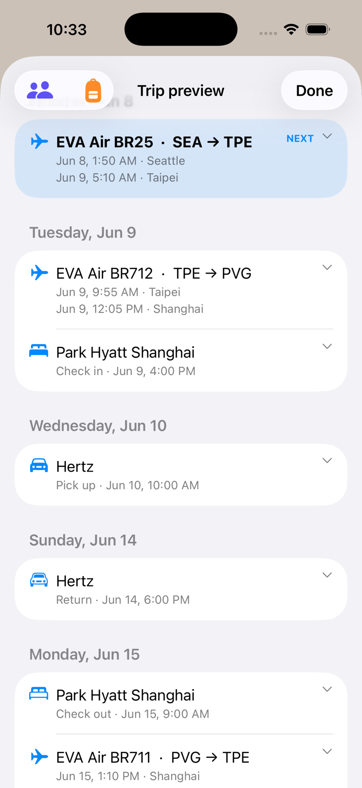 Trip preview showing the full itinerary